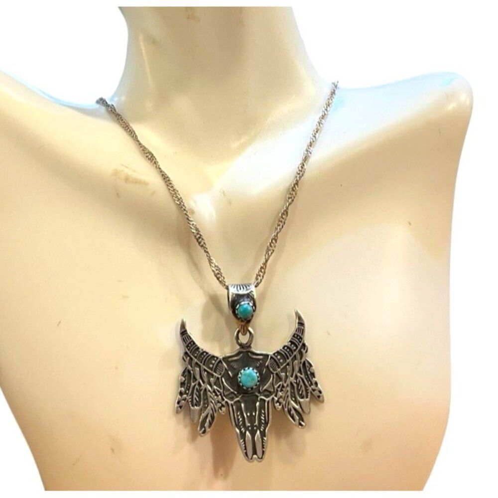 Sterling Silver Turquoise Longhorn Skull Steer Head Feather Necklace 925 Tribal
